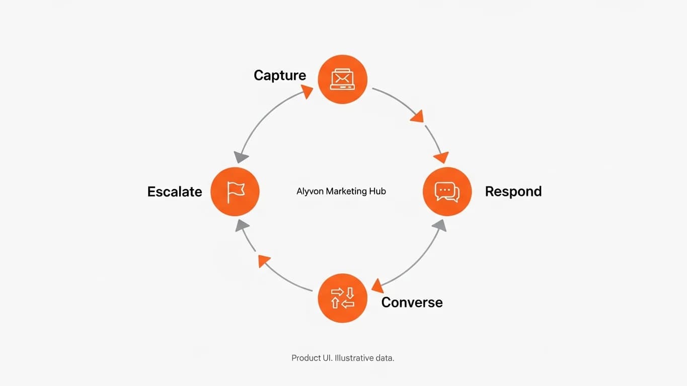 A closed loop diagram: capture, respond, converse, and escalate feeding back into each other