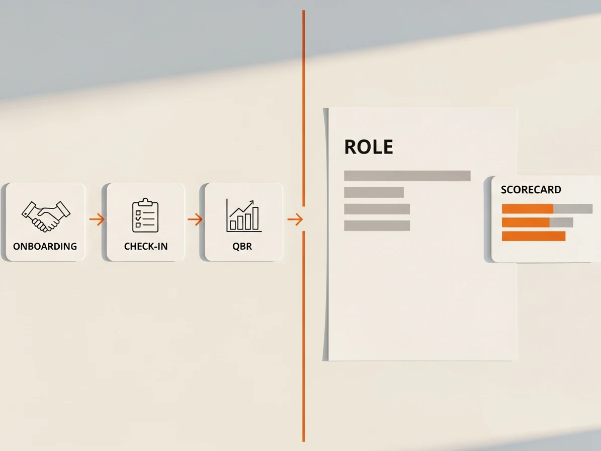 A split scene: a customer onboarding flow beside a job description and interview scorecard