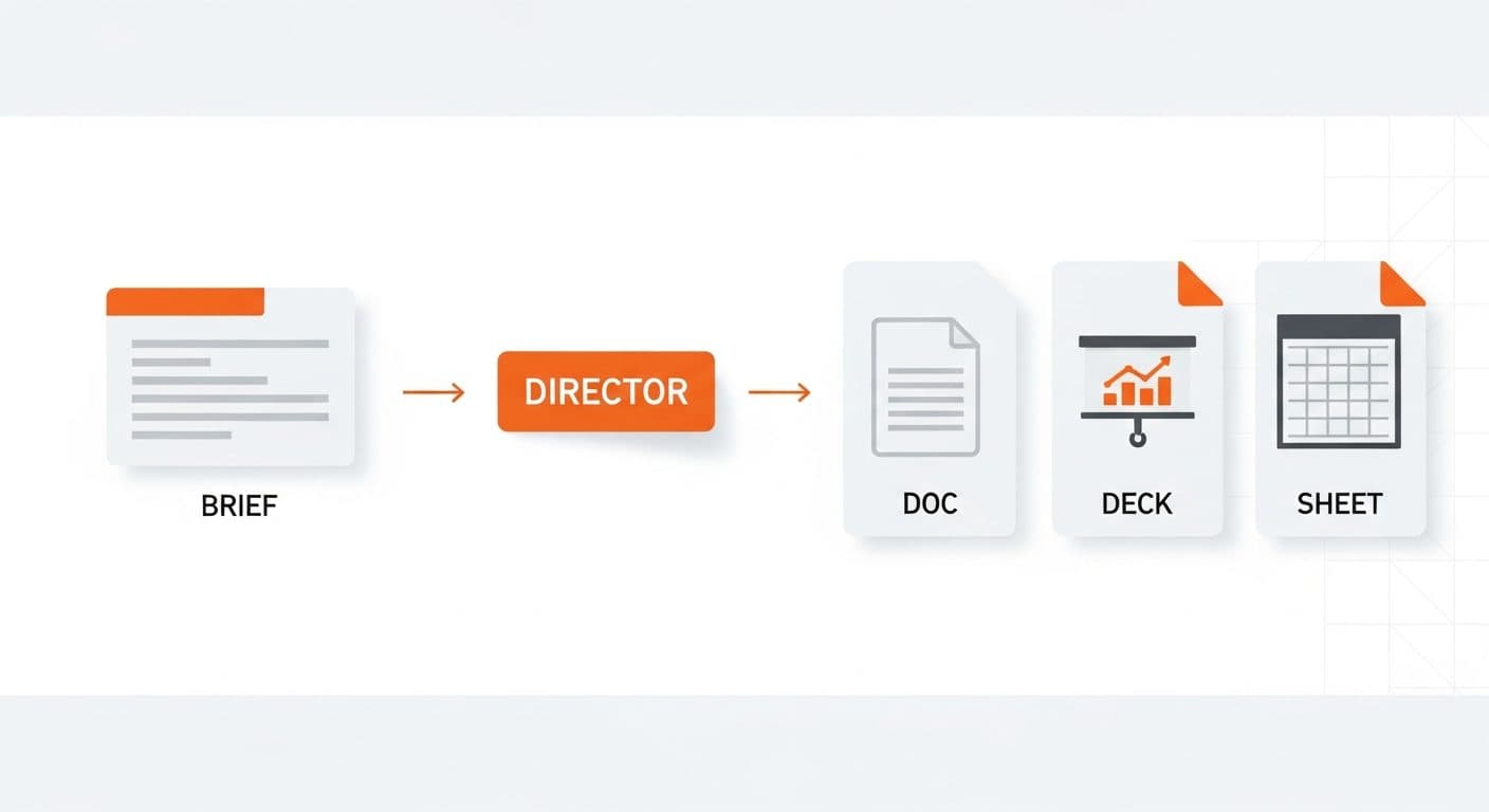 A plain-language brief routed through a Director, returning a document, deck, and spreadsheet