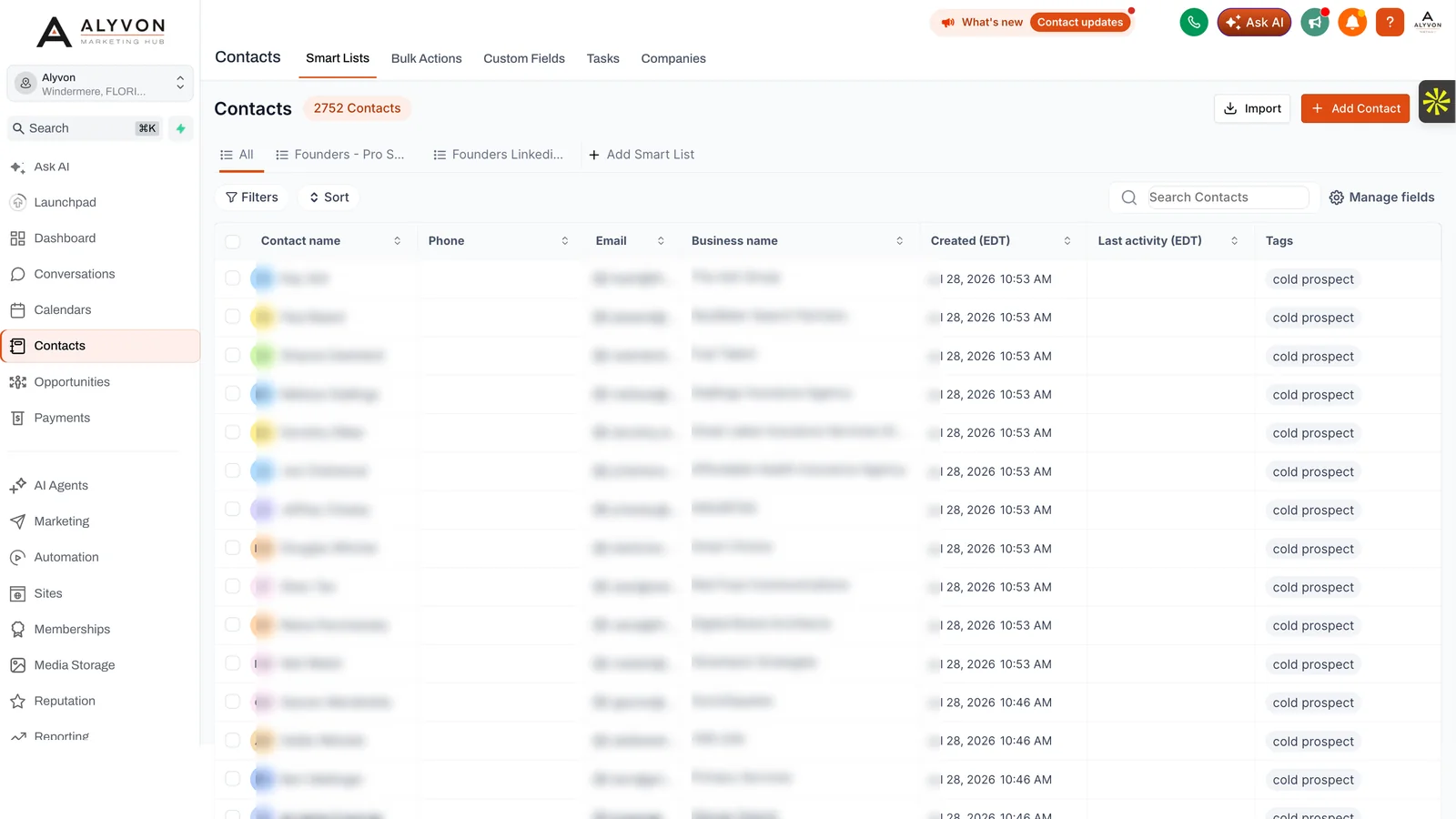 The Marketing Hub contacts list — every lead in one place with source, stage, and tags (contact details blurred)