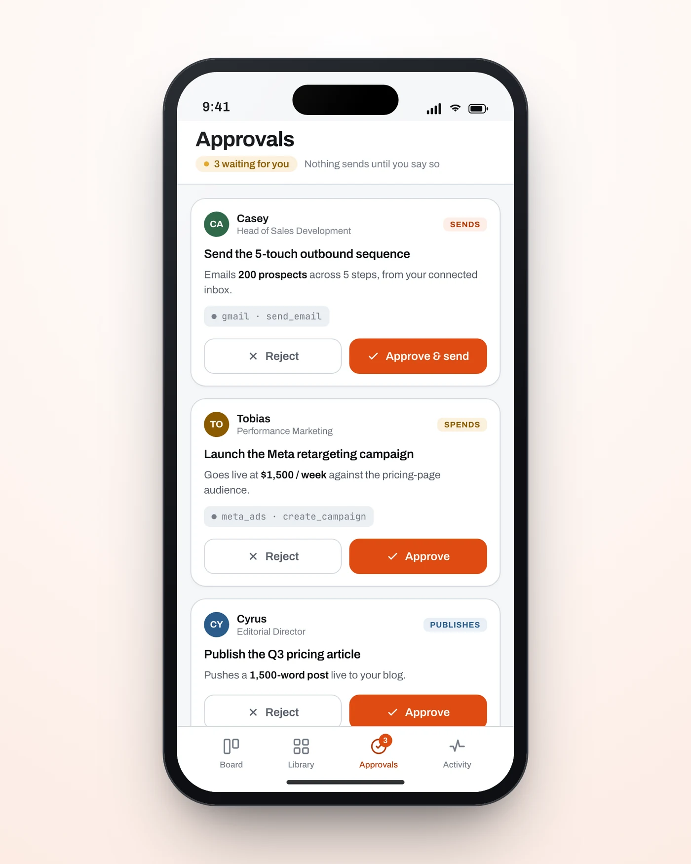 The Alyvon approvals inbox: send, publish, and spend actions each waiting for approval