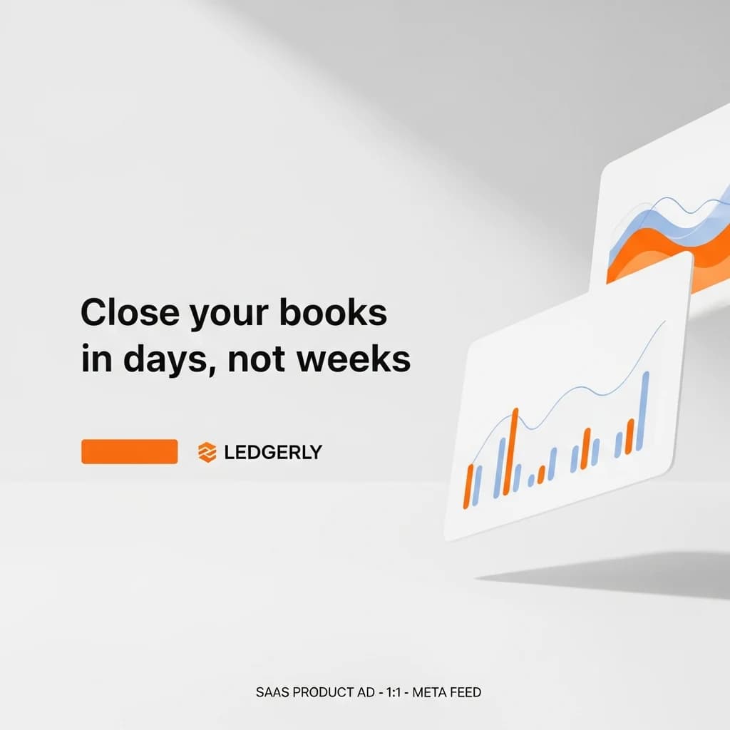 Paid-social product ad for a fictional finance-automation SaaS, Ledgerly