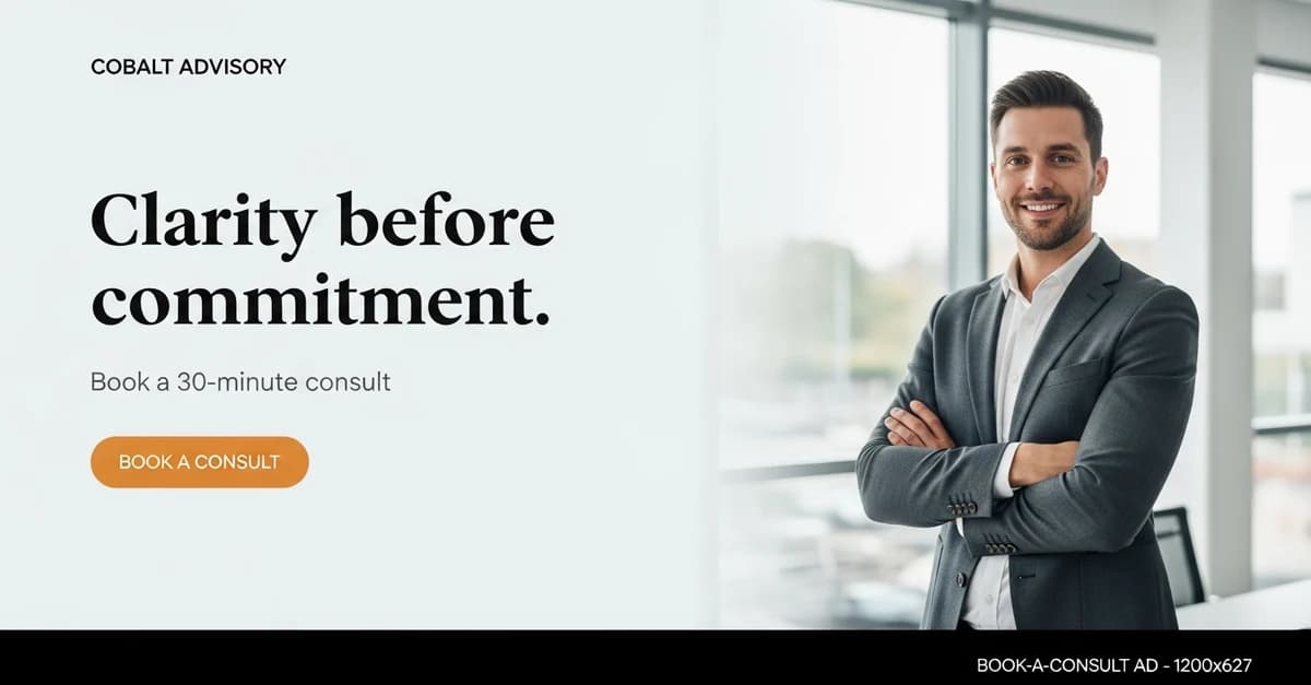 “Book a consult” ad for a fictional consultancy, Cobalt Advisory