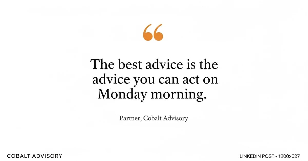 LinkedIn single-image credibility post for a fictional consultancy, Cobalt Advisory