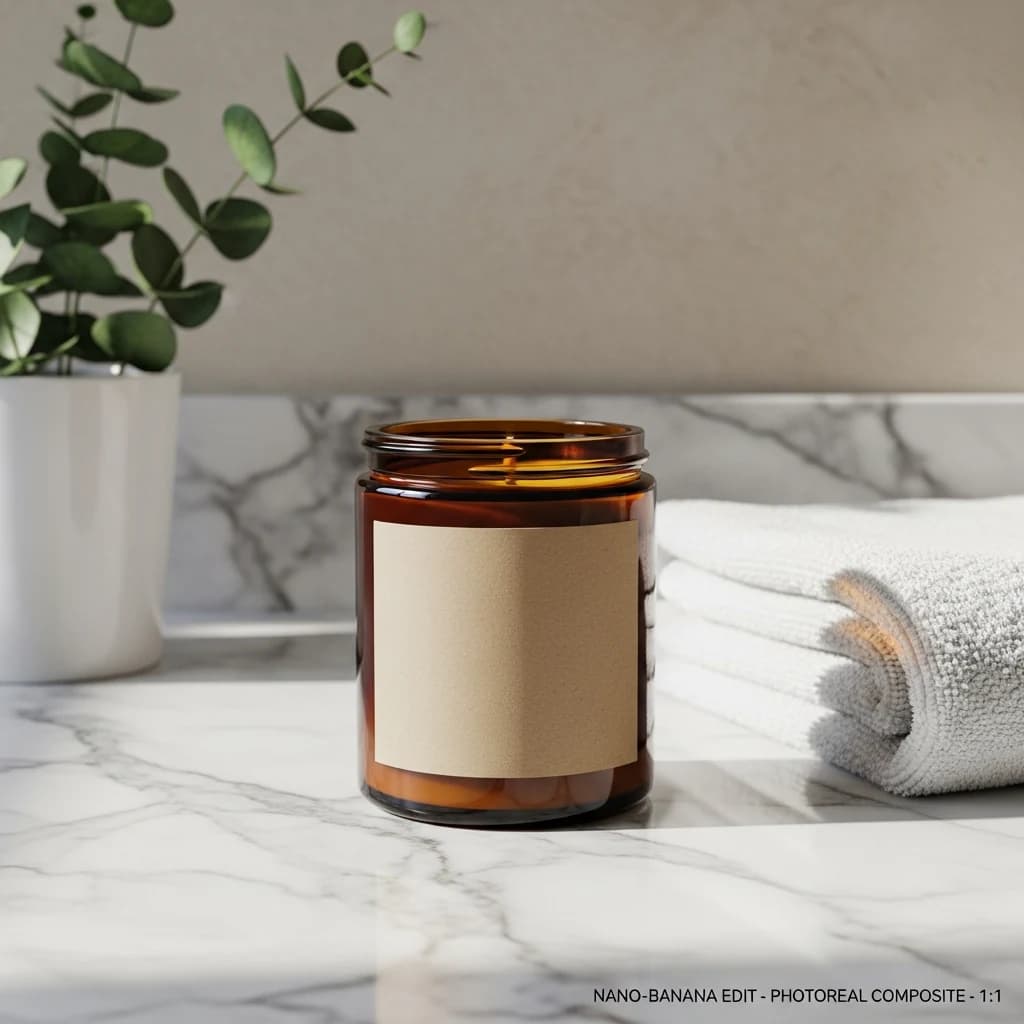 Photoreal AI product-in-scene composite of a candle in a styled setting
