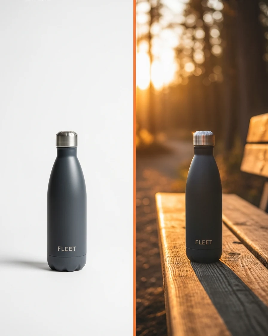 Before/after background-swap product edit for a fictional brand, Fleet Run Co.