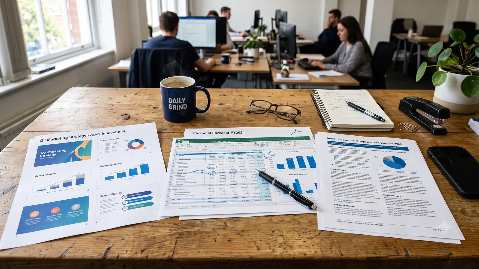 A desk of finished deliverables produced by Alyvon — a marketing-strategy deck, a financial-forecast spreadsheet, and a competitor-research report
