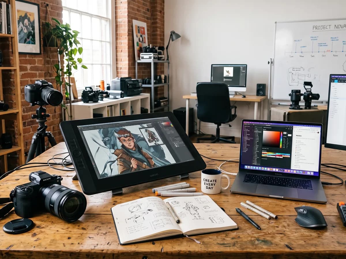 A creative studio desk — a drawing tablet with character art in progress, a design app open on a laptop, sketchbooks, cameras, and a campaign board