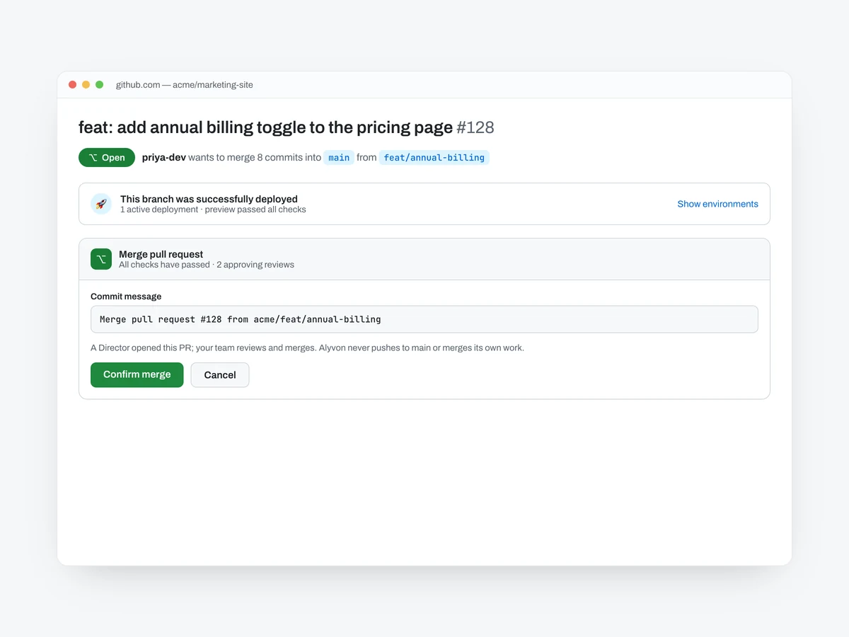 A GitHub pull request ready to merge — Open, checks passed, with a Confirm merge button