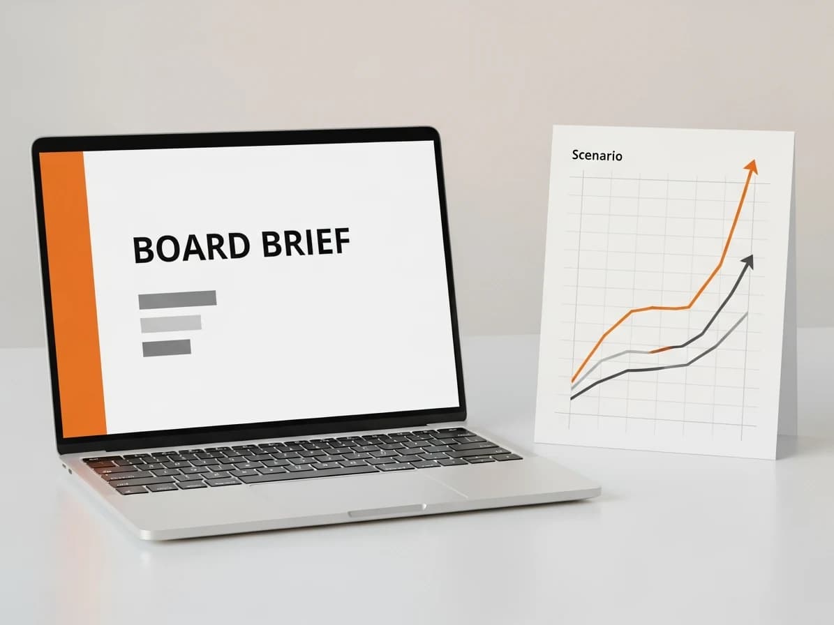 A board deck open on a laptop beside a scenario line chart
